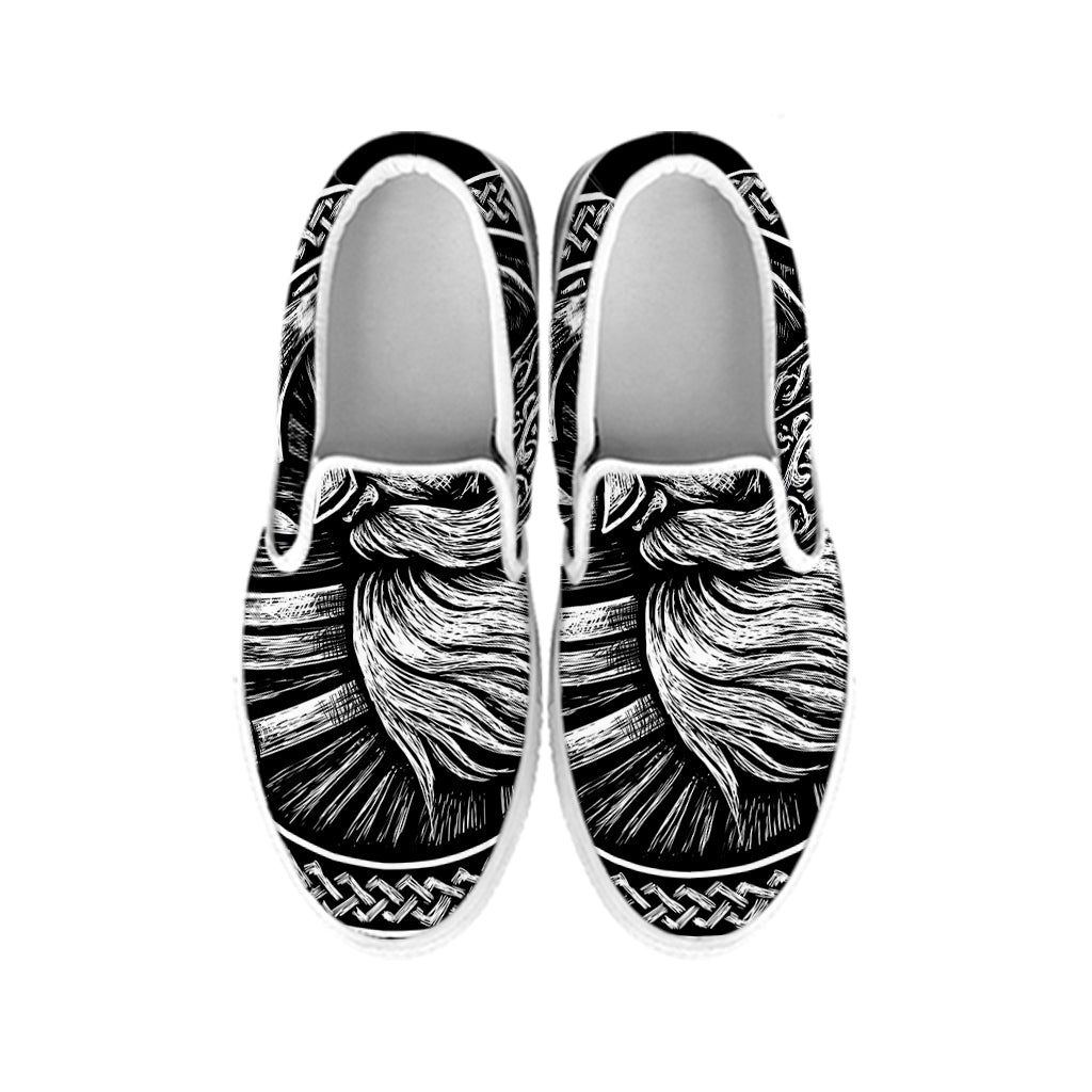 Black And White Viking God Odin Print White Slip On Shoes