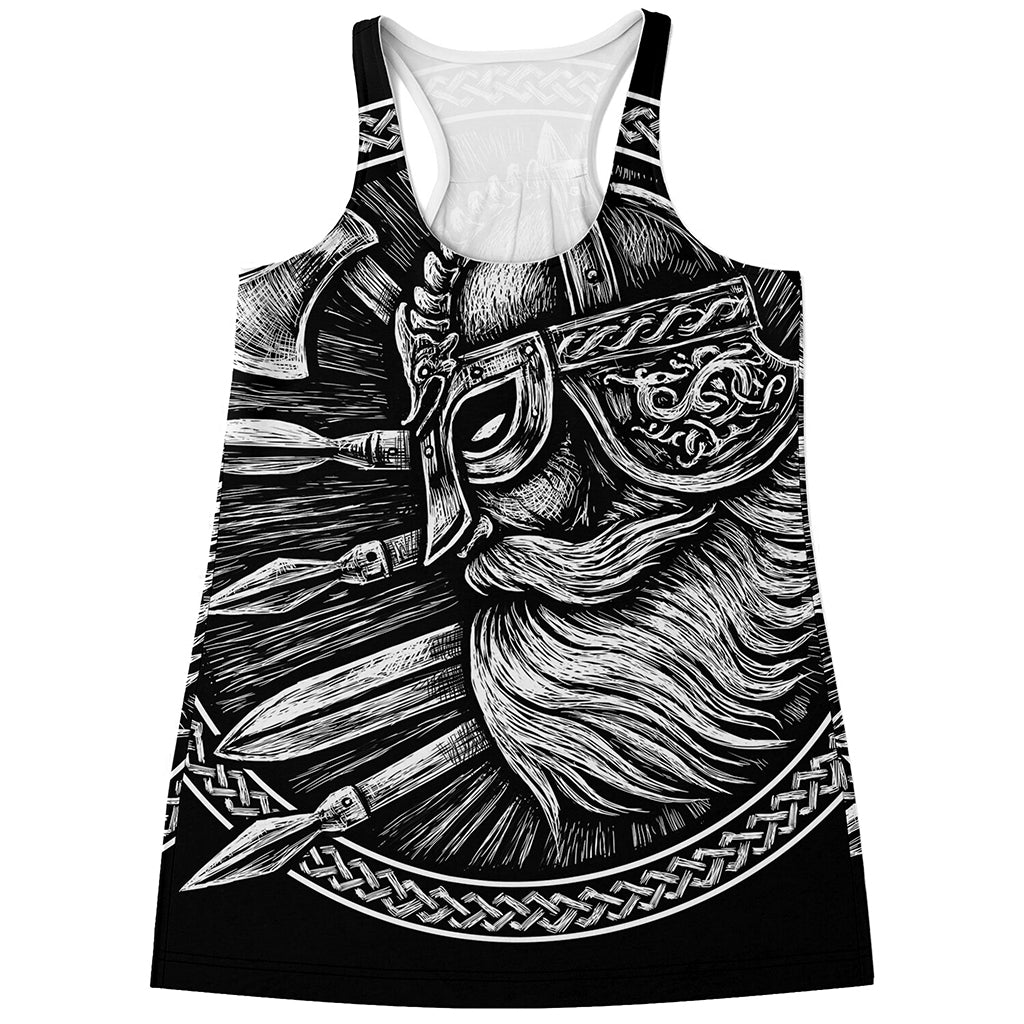 Black And White Viking God Odin Print Women's Racerback Tank Top