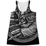 Black And White Viking God Odin Print Women's Racerback Tank Top