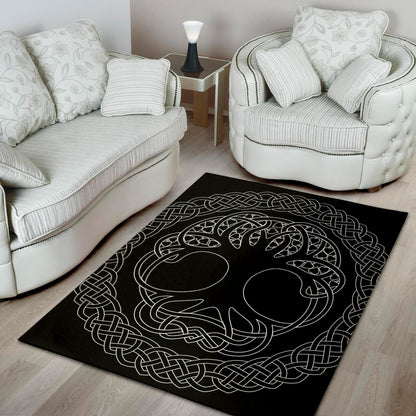 Black And White Viking Yggdrasil Print Area Rug