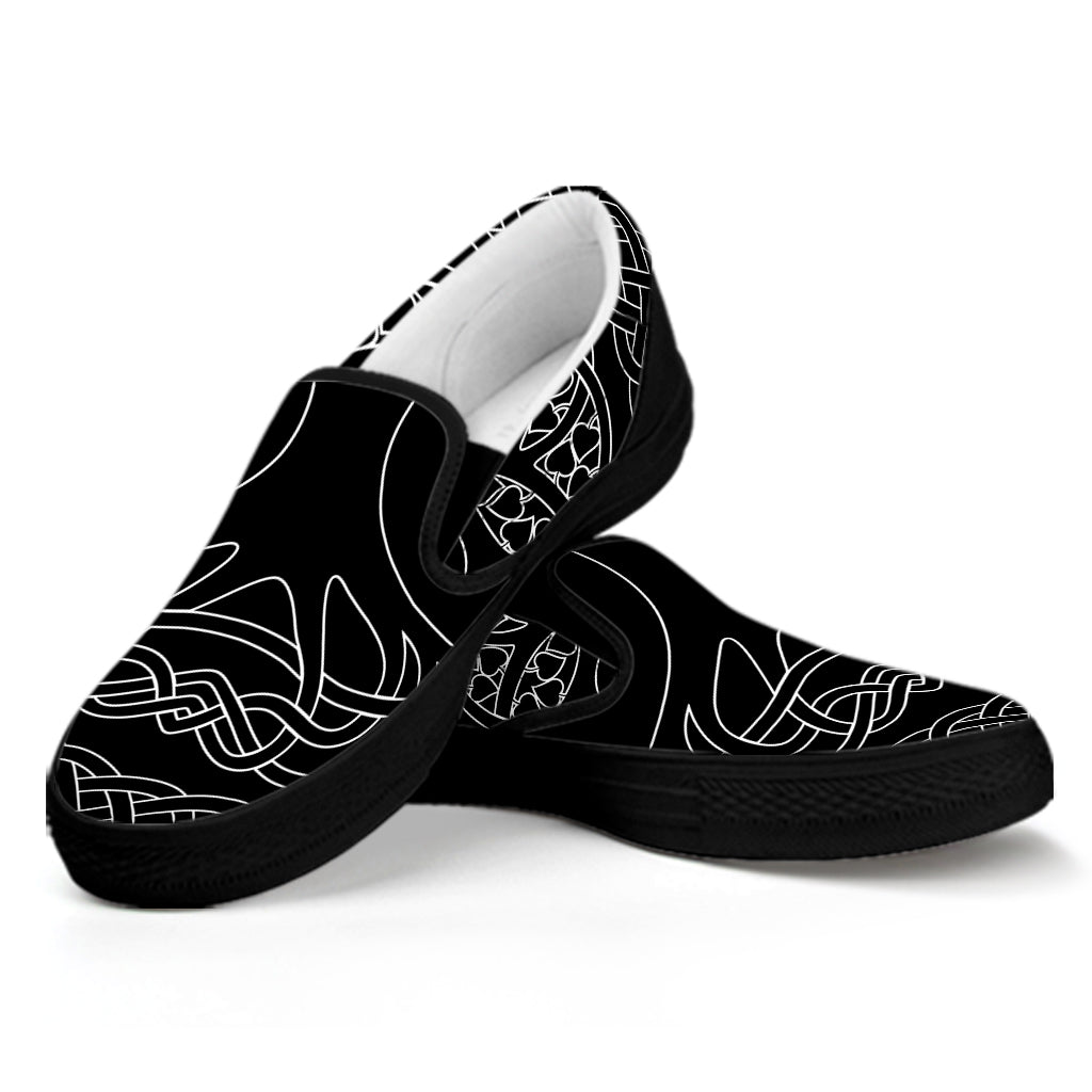 Black And White Viking Yggdrasil Print Black Slip On Shoes