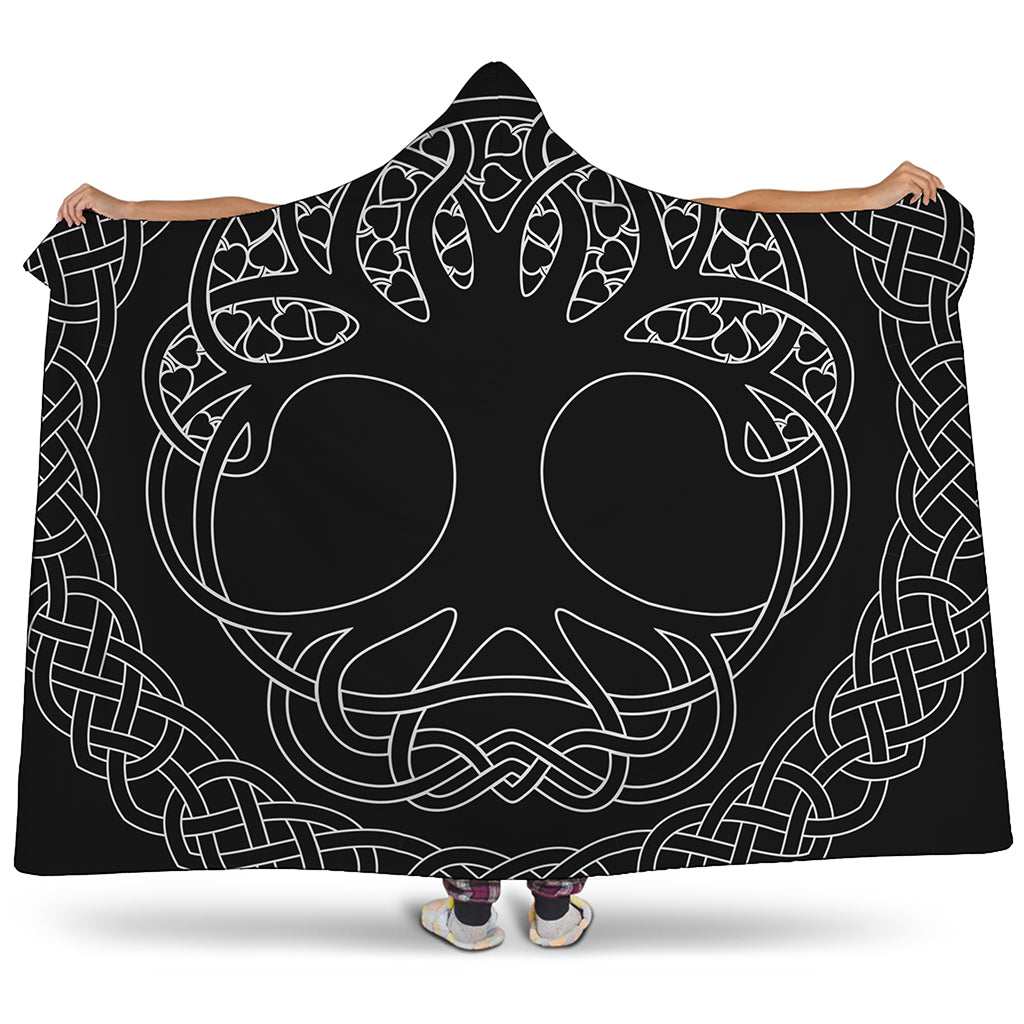 Black And White Viking Yggdrasil Print Hooded Blanket