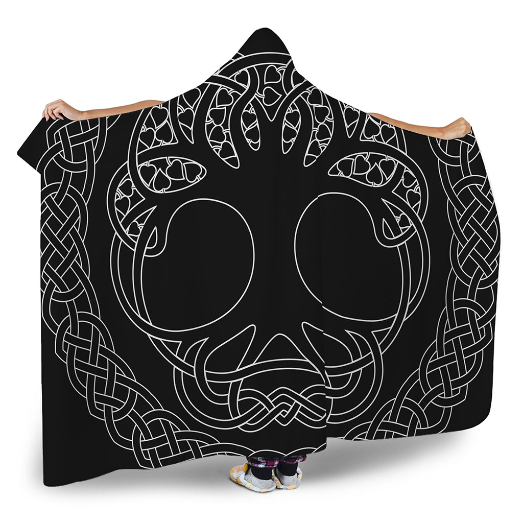 Black And White Viking Yggdrasil Print Hooded Blanket
