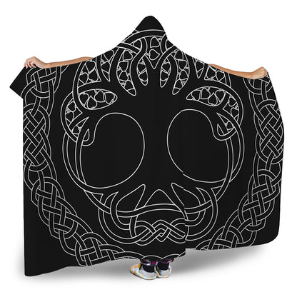 Black And White Viking Yggdrasil Print Hooded Blanket