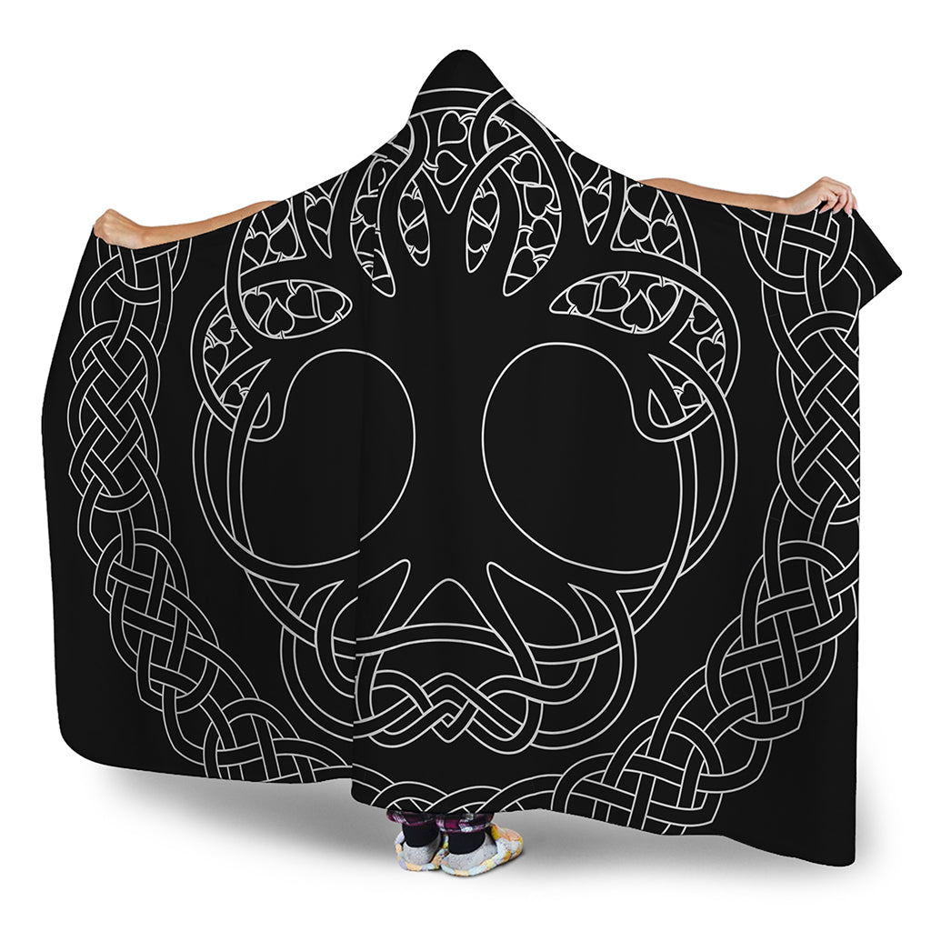 Black And White Viking Yggdrasil Print Hooded Blanket