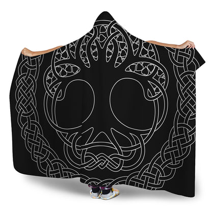 Black And White Viking Yggdrasil Print Hooded Blanket