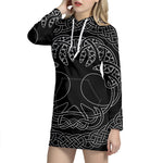 Black And White Viking Yggdrasil Print Pullover Hoodie Dress