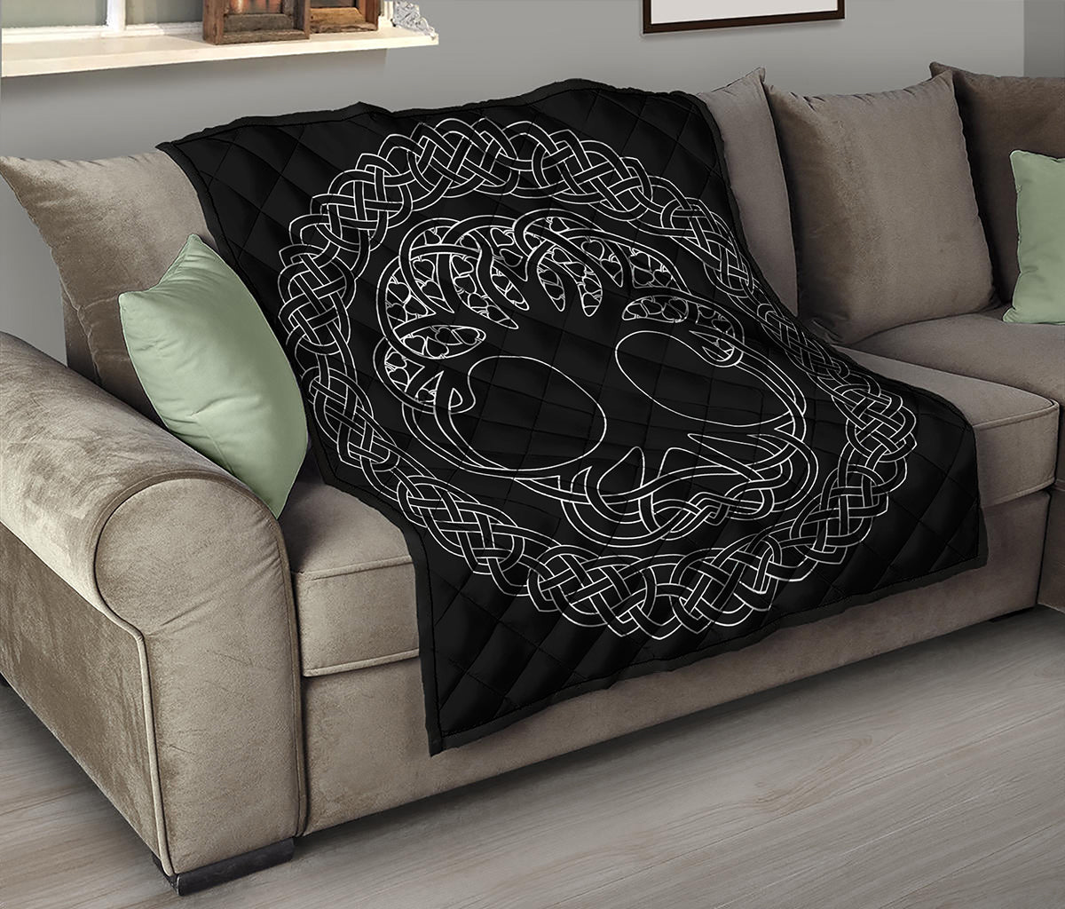 Black And White Viking Yggdrasil Print Quilt