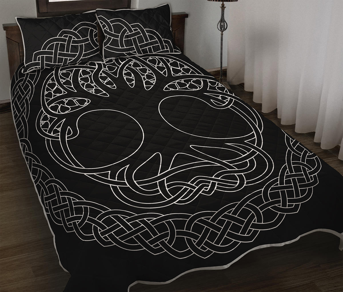 Black And White Viking Yggdrasil Print Quilt Bed Set