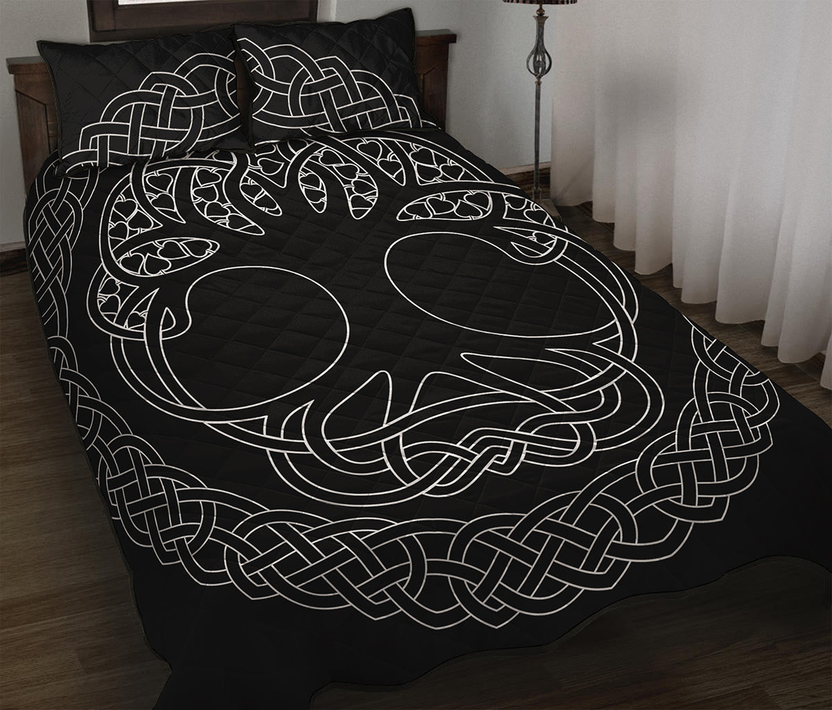 Black And White Viking Yggdrasil Print Quilt Bed Set