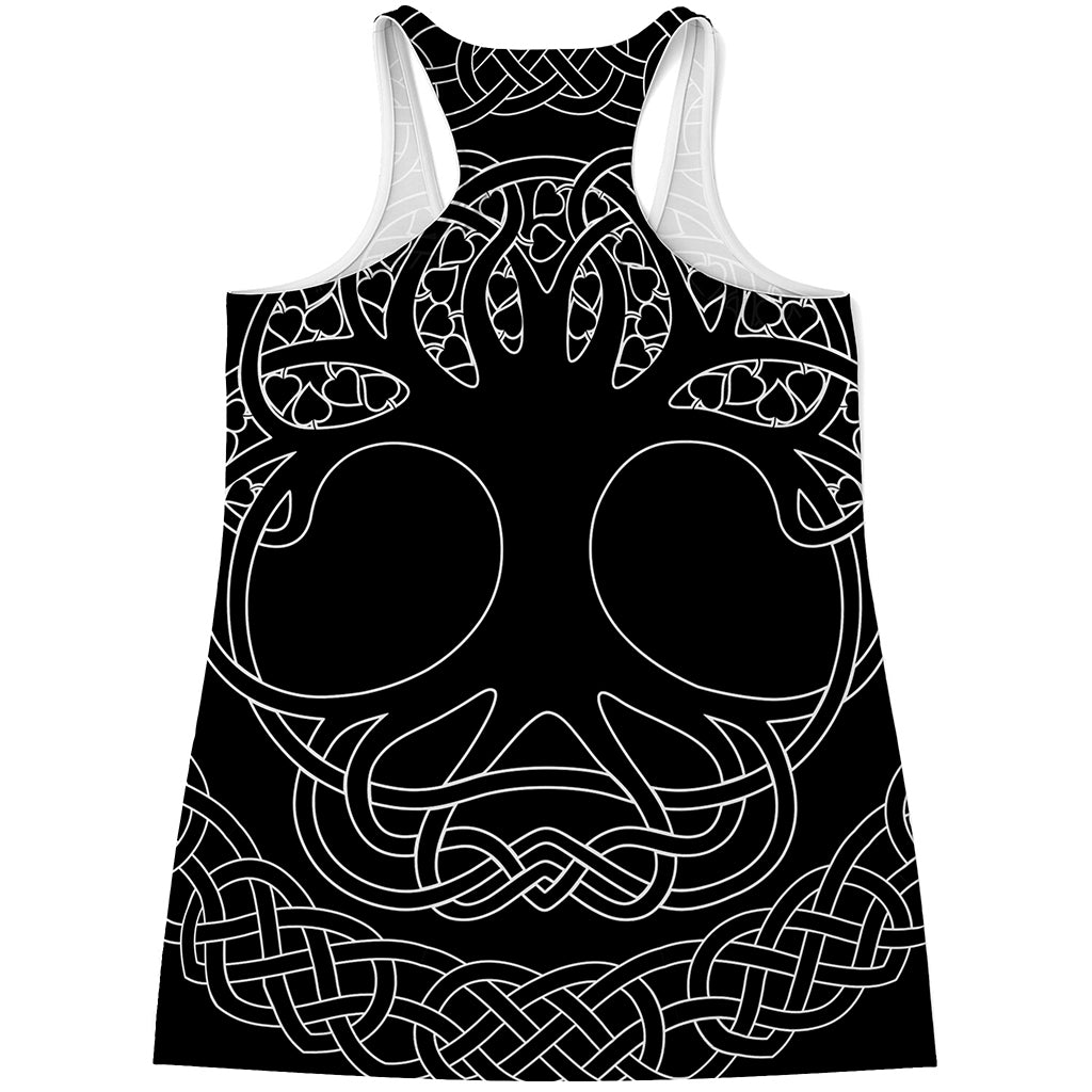 Black And White Viking Yggdrasil Print Women's Racerback Tank Top