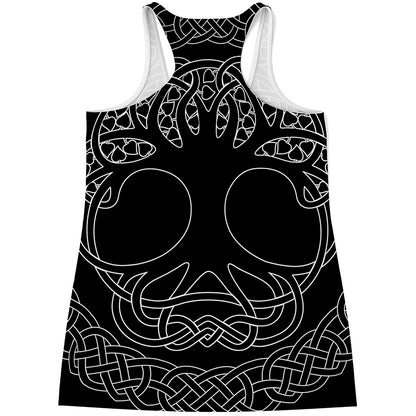 Black And White Viking Yggdrasil Print Women's Racerback Tank Top