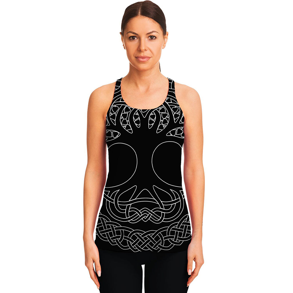 Black And White Viking Yggdrasil Print Women's Racerback Tank Top