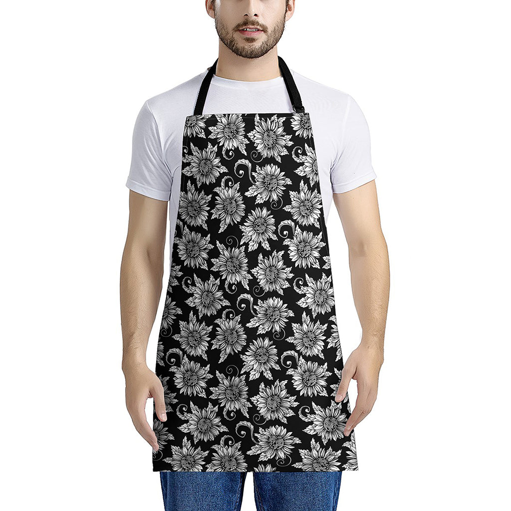 Black And White Vintage Sunflower Print Apron