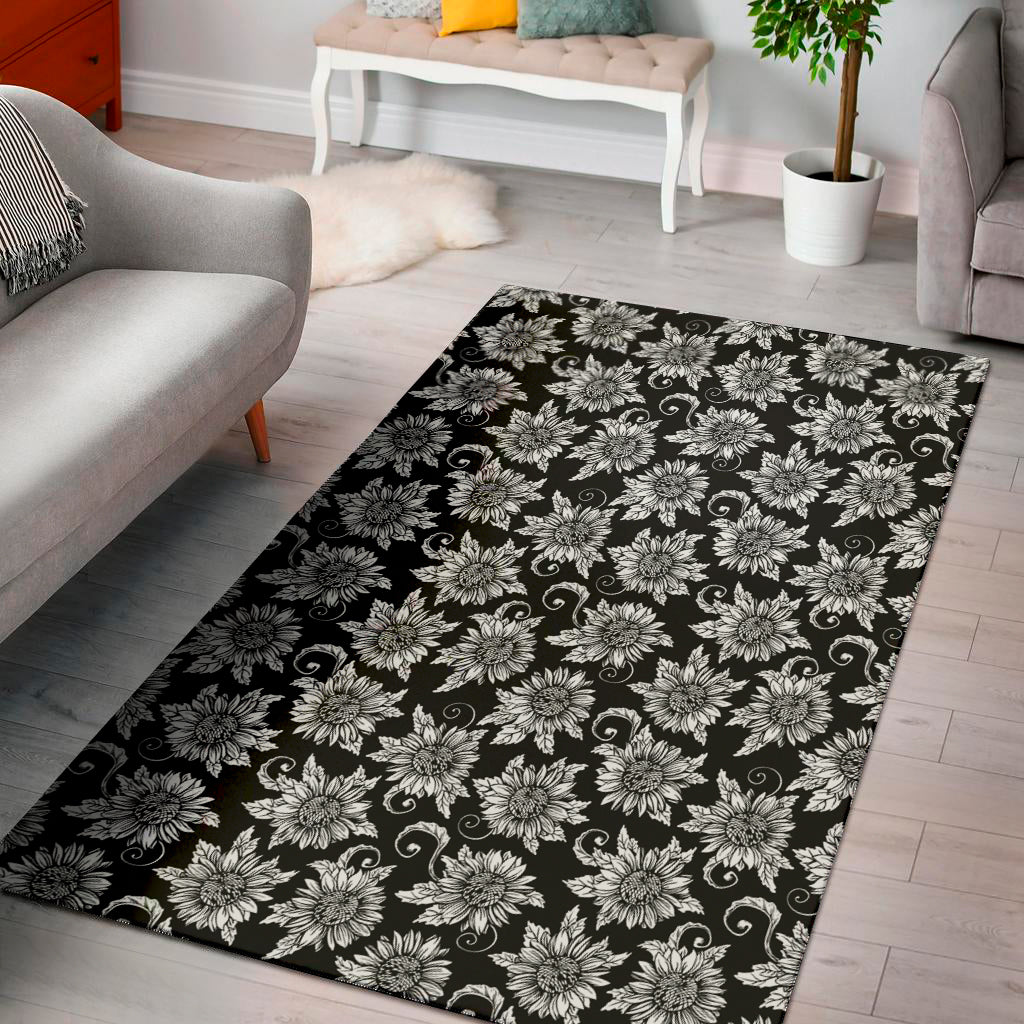 Black And White Vintage Sunflower Print Area Rug