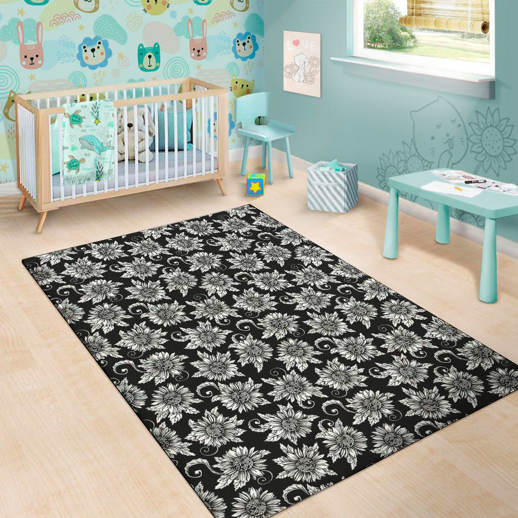 Black And White Vintage Sunflower Print Area Rug