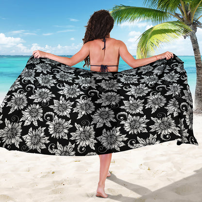 Black And White Vintage Sunflower Print Beach Sarong Wrap
