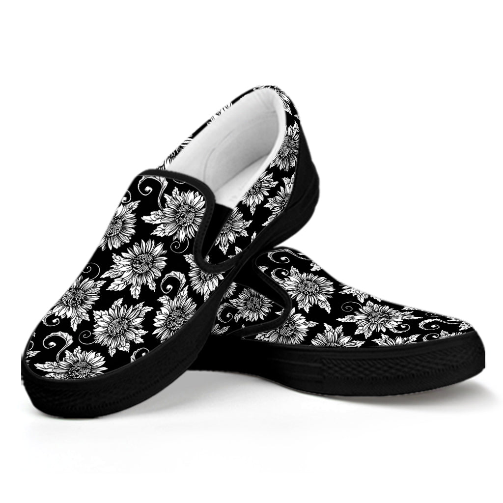 Black And White Vintage Sunflower Print Black Slip On Shoes