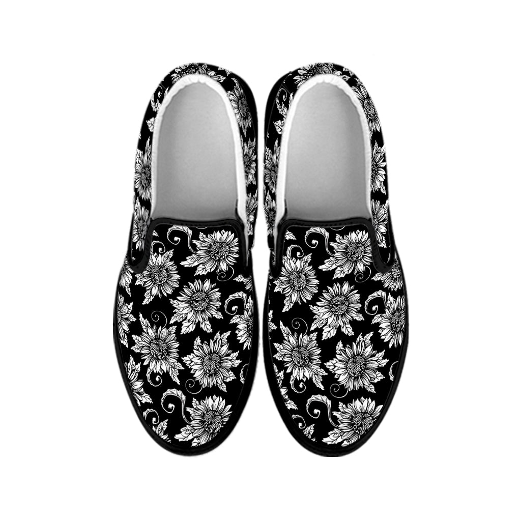 Black And White Vintage Sunflower Print Black Slip On Shoes