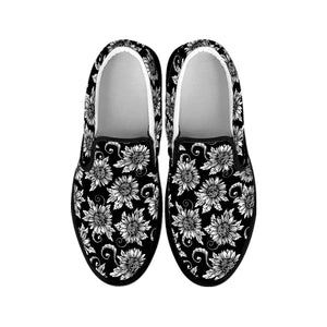 Black And White Vintage Sunflower Print Black Slip On Shoes