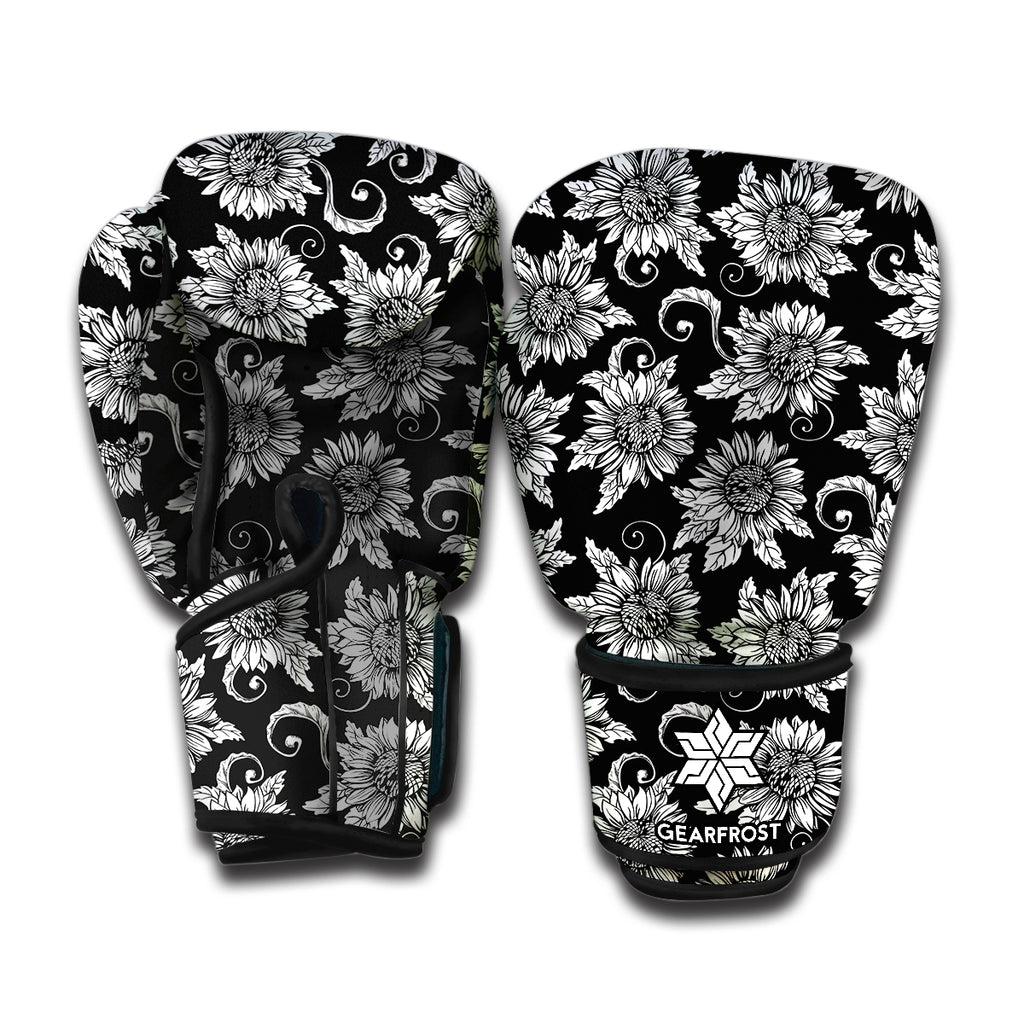 Black And White Vintage Sunflower Print Boxing Gloves