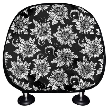 Black And White Vintage Sunflower Print Car Headrest Covers