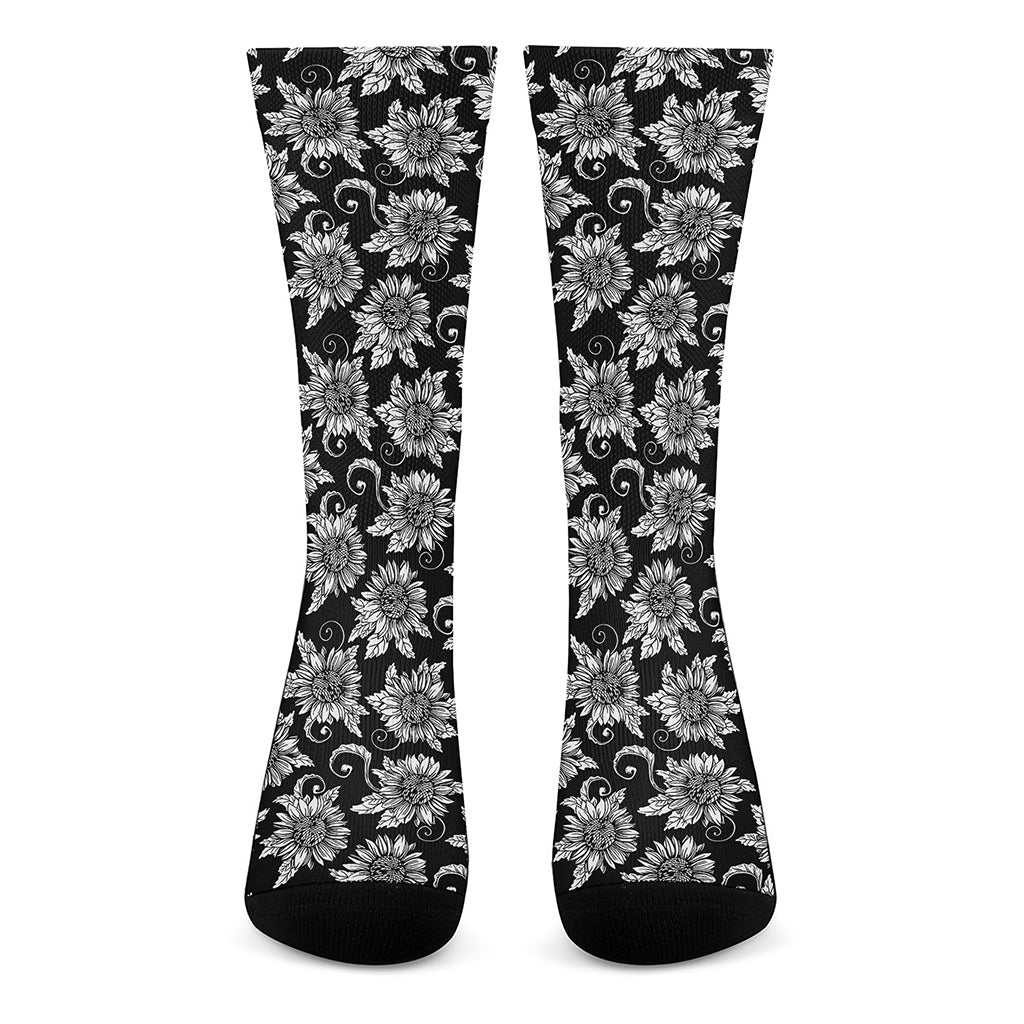 Black And White Vintage Sunflower Print Crew Socks