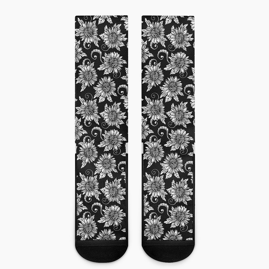 Black And White Vintage Sunflower Print Crew Socks
