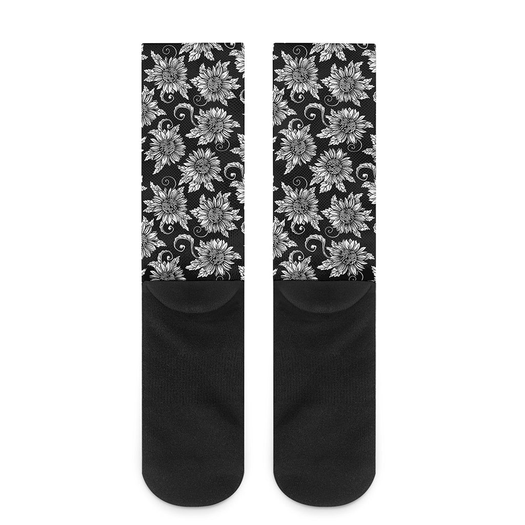 Black And White Vintage Sunflower Print Crew Socks