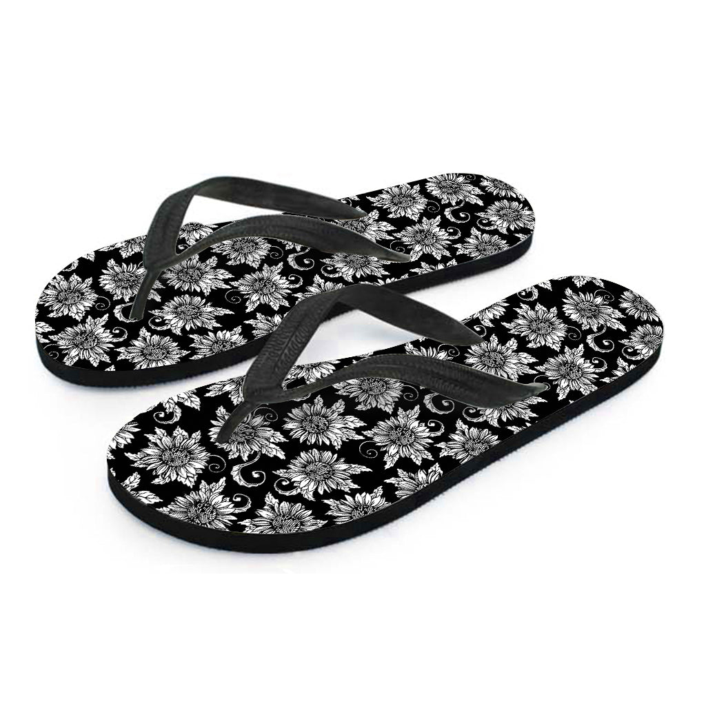 Black And White Vintage Sunflower Print Flip Flops