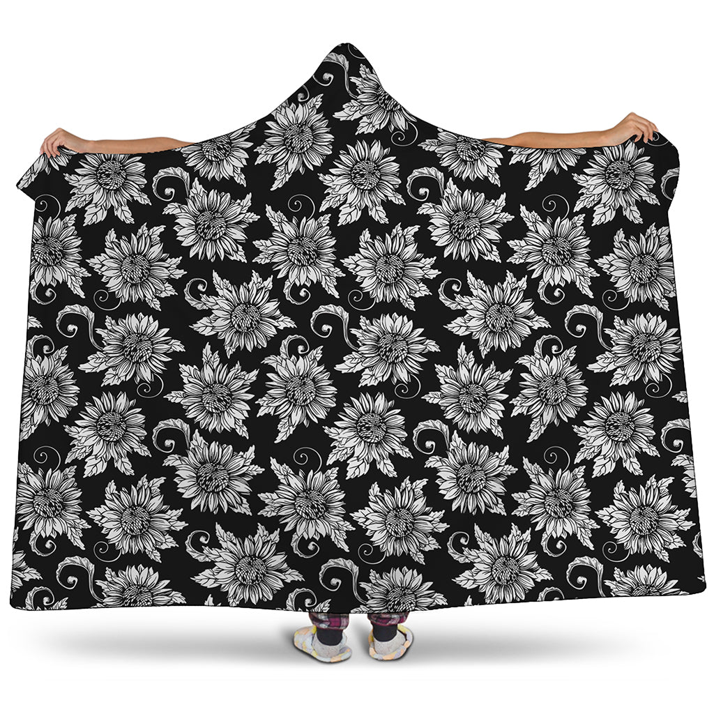 Black And White Vintage Sunflower Print Hooded Blanket