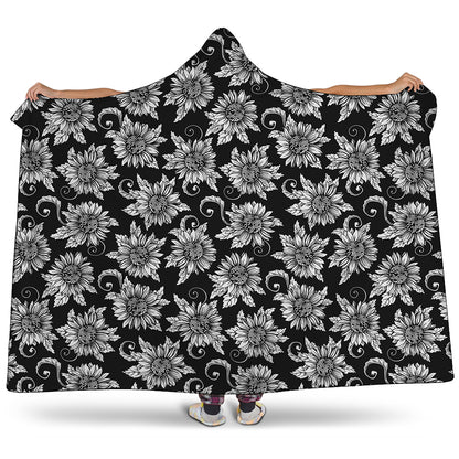 Black And White Vintage Sunflower Print Hooded Blanket