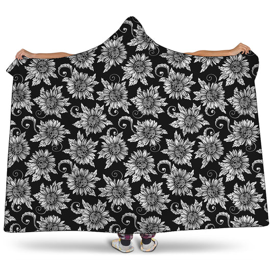 Black And White Vintage Sunflower Print Hooded Blanket