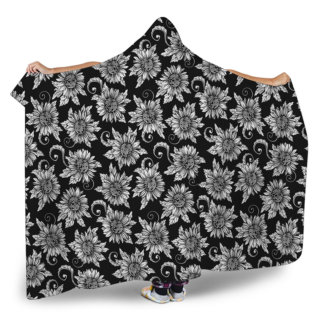Black And White Vintage Sunflower Print Hooded Blanket