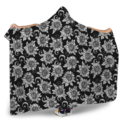 Black And White Vintage Sunflower Print Hooded Blanket