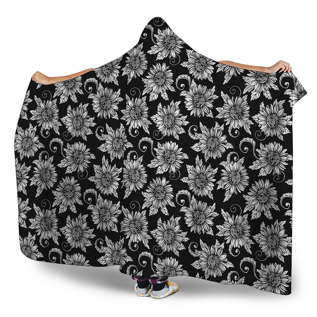 Black And White Vintage Sunflower Print Hooded Blanket