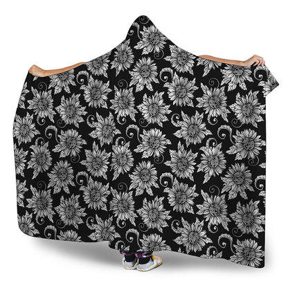 Black And White Vintage Sunflower Print Hooded Blanket