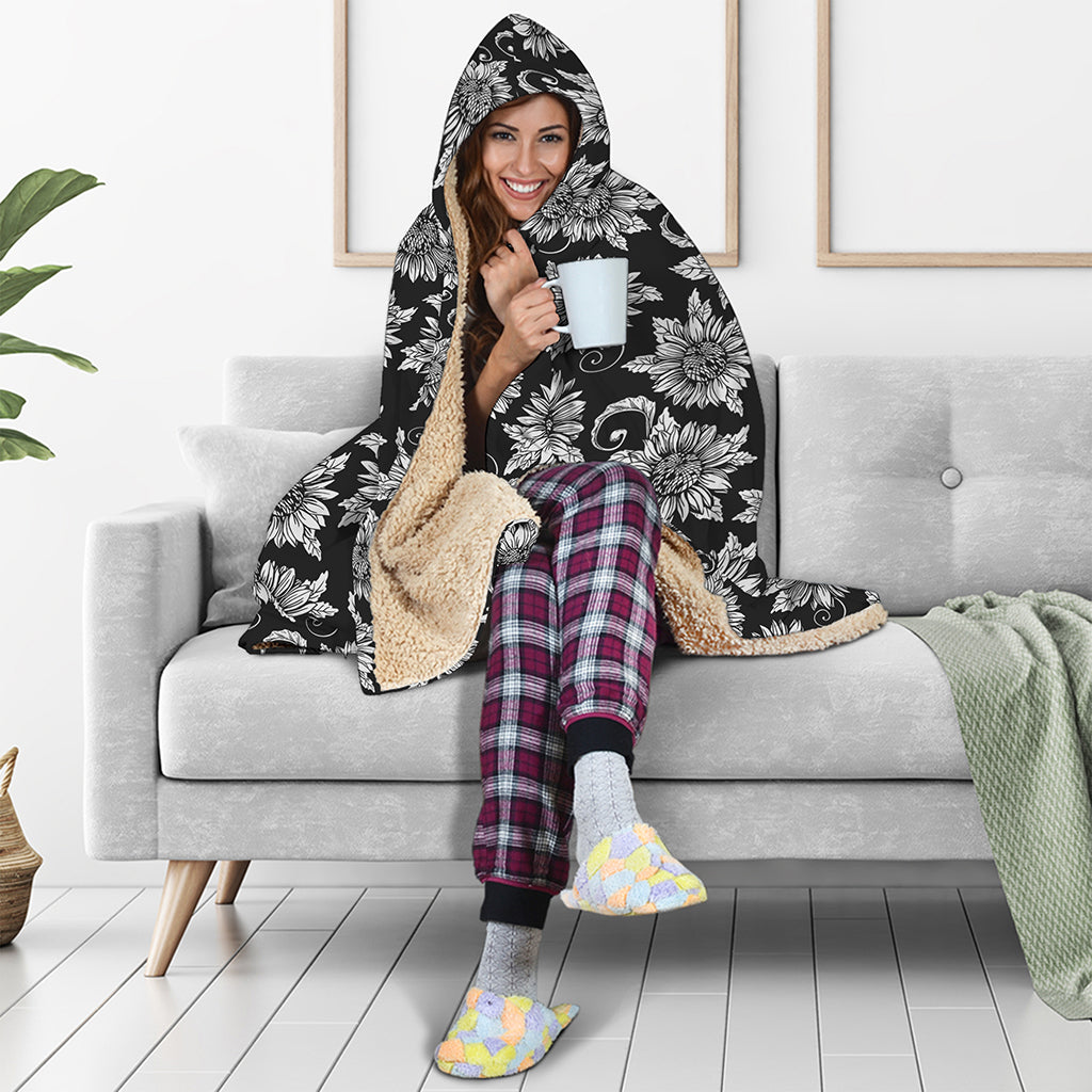 Black And White Vintage Sunflower Print Hooded Blanket