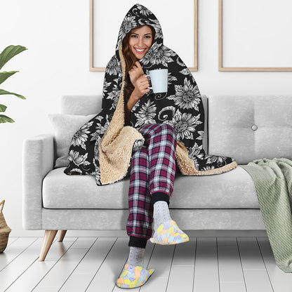 Black And White Vintage Sunflower Print Hooded Blanket
