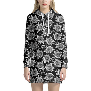 Black And White Vintage Sunflower Print Hoodie Dress