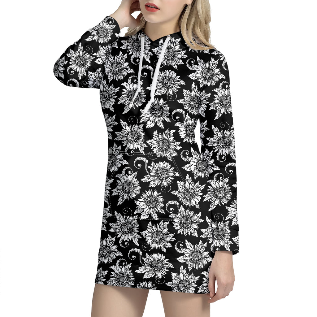 Black And White Vintage Sunflower Print Hoodie Dress