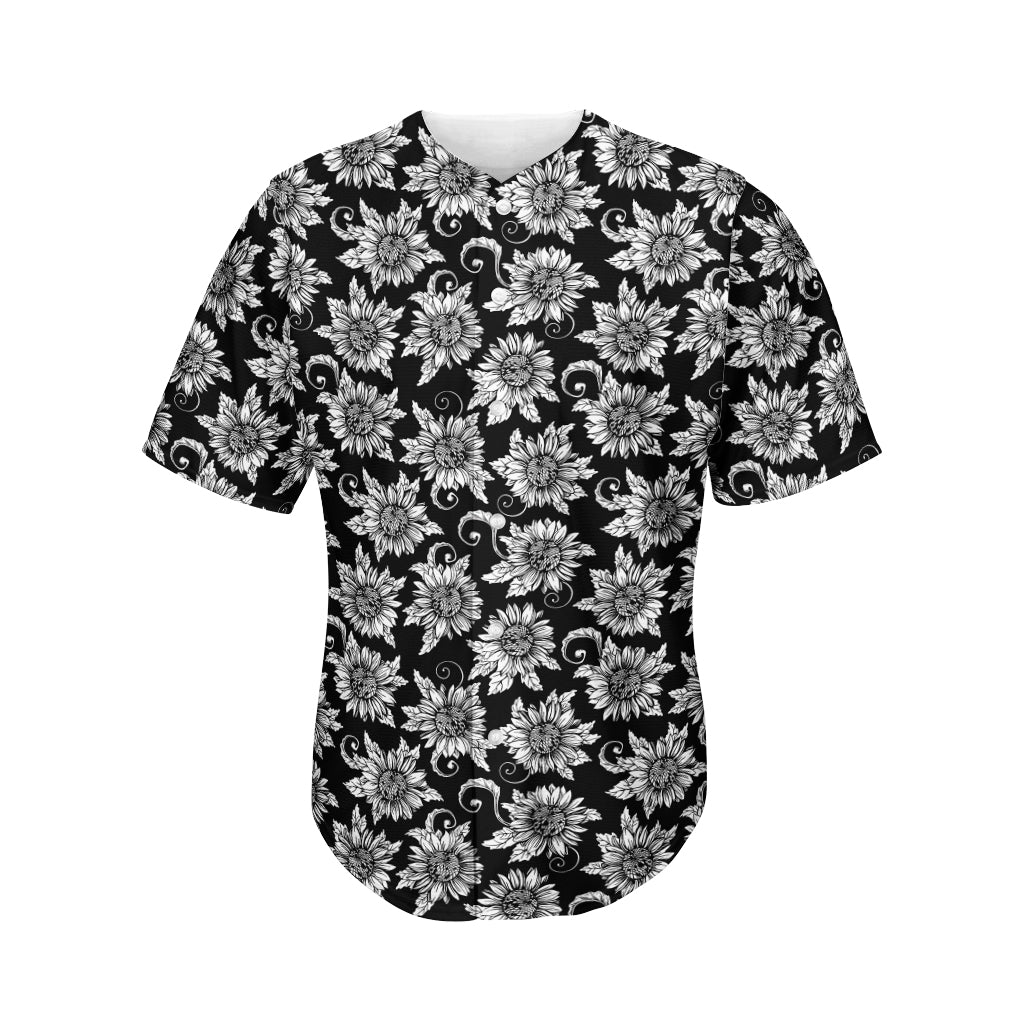 Black And White Vintage Sunflower Print Men's Baseball Jersey