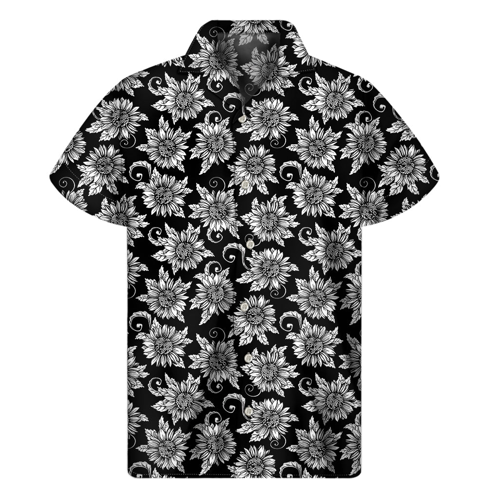Black And White Vintage Sunflower Print Men's Short Sleeve Shirt