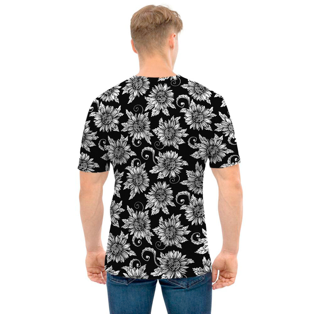 Black And White Vintage Sunflower Print Men's T-Shirt