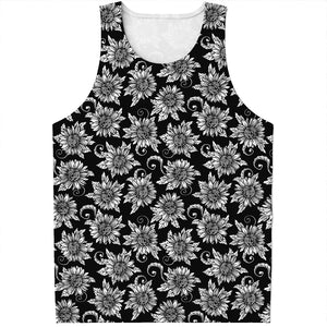 Black And White Vintage Sunflower Print Men's Tank Top