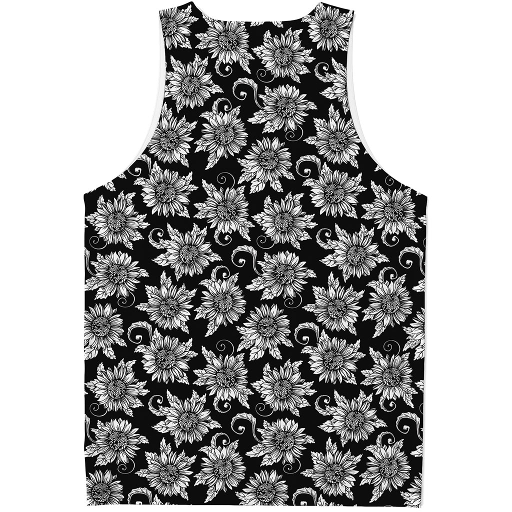 Black And White Vintage Sunflower Print Men's Tank Top