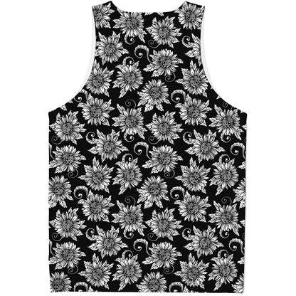 Black And White Vintage Sunflower Print Men's Tank Top