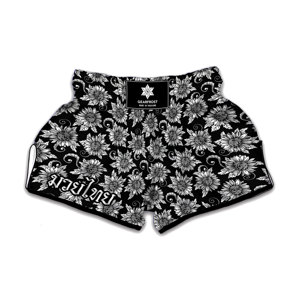 Black And White Vintage Sunflower Print Muay Thai Boxing Shorts