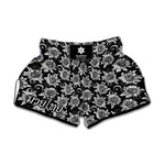 Black And White Vintage Sunflower Print Muay Thai Boxing Shorts