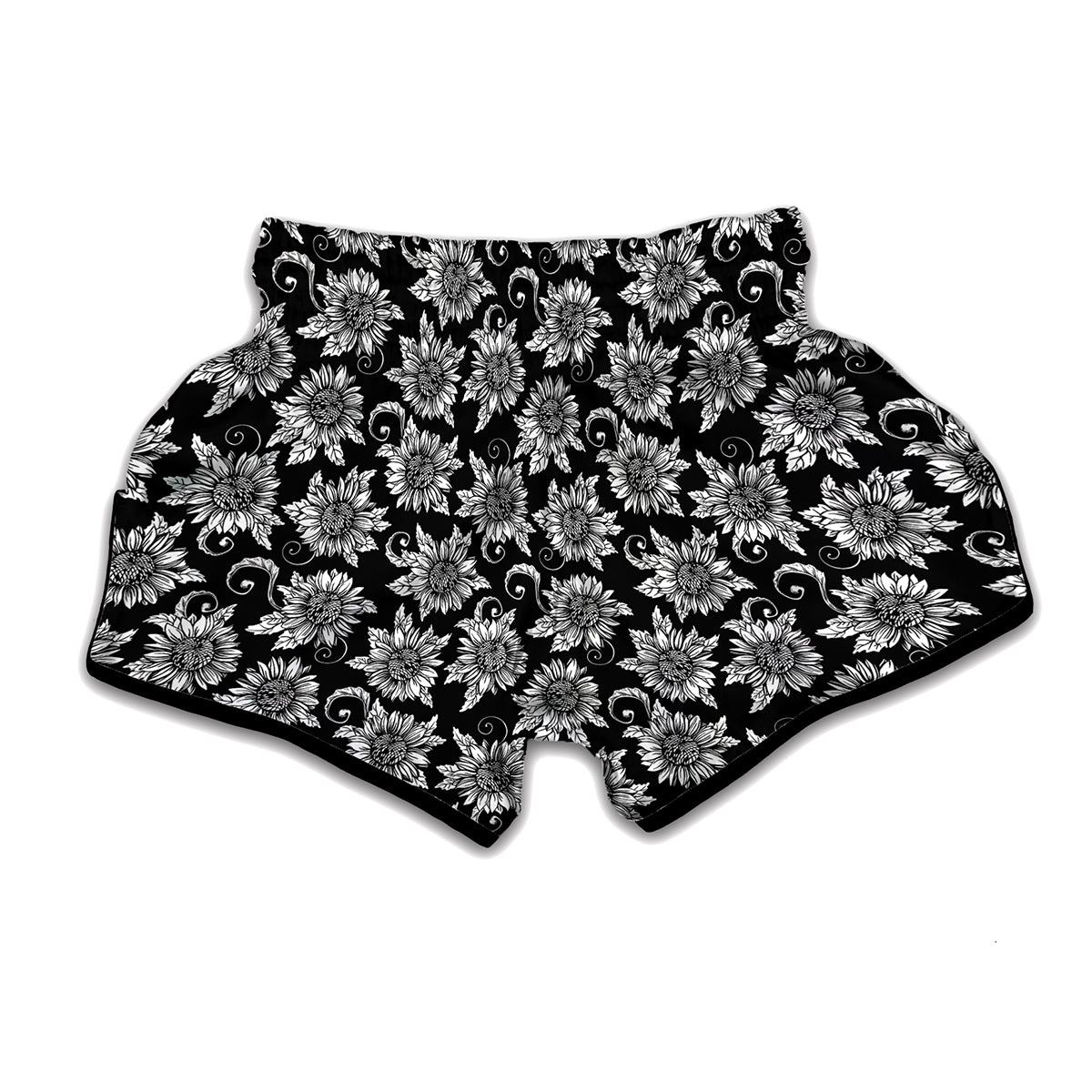 Black And White Vintage Sunflower Print Muay Thai Boxing Shorts